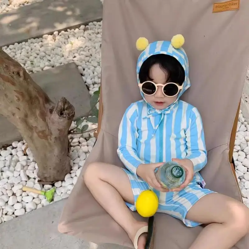 

Kids One Piece Striped Swimsuit Long Sleeve Hooded Rash Guard with Pom Pom Ears for Beach Pool Activities