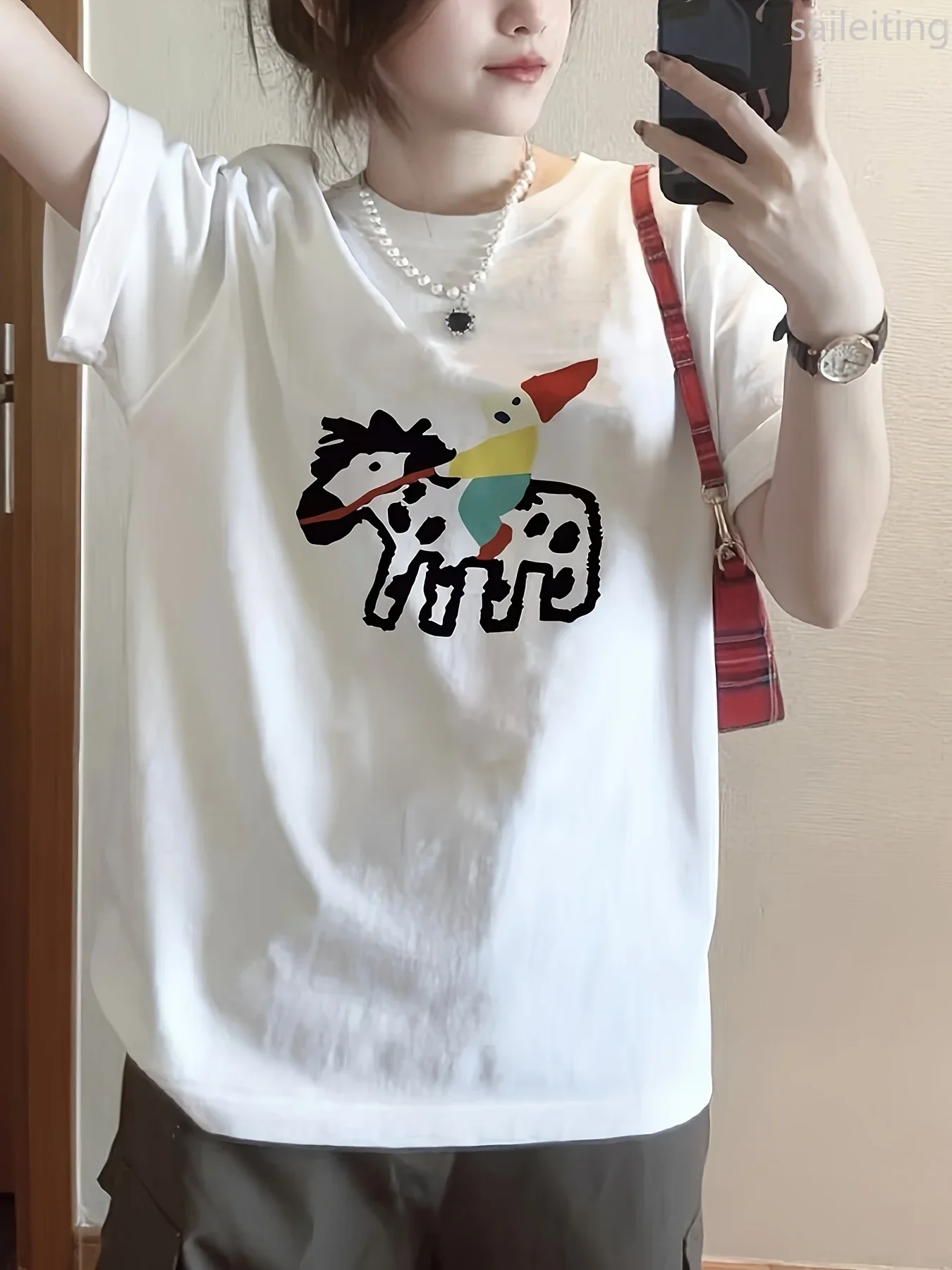 

Женская футболка больших размеров в стиле Y2K, модная уличная одежда в стиле Харадзюку с круглым вырезом и короткими рукавами с мультяшным принтом