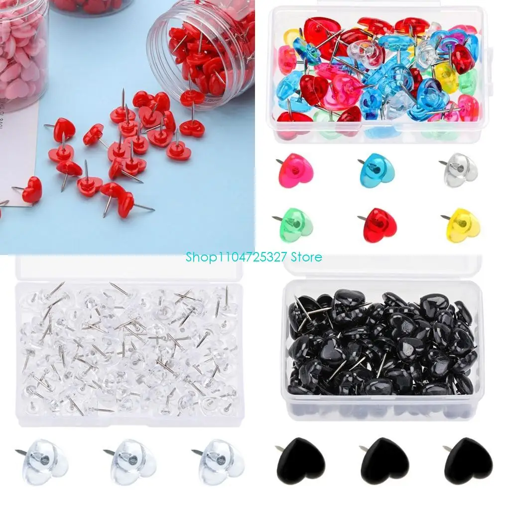 

D8KF 50/100/150Pcs Heart Push Pins with Case Decorative Thumb Tacks Drawing Pins Map Pins Cork Notice Board Pin for Office