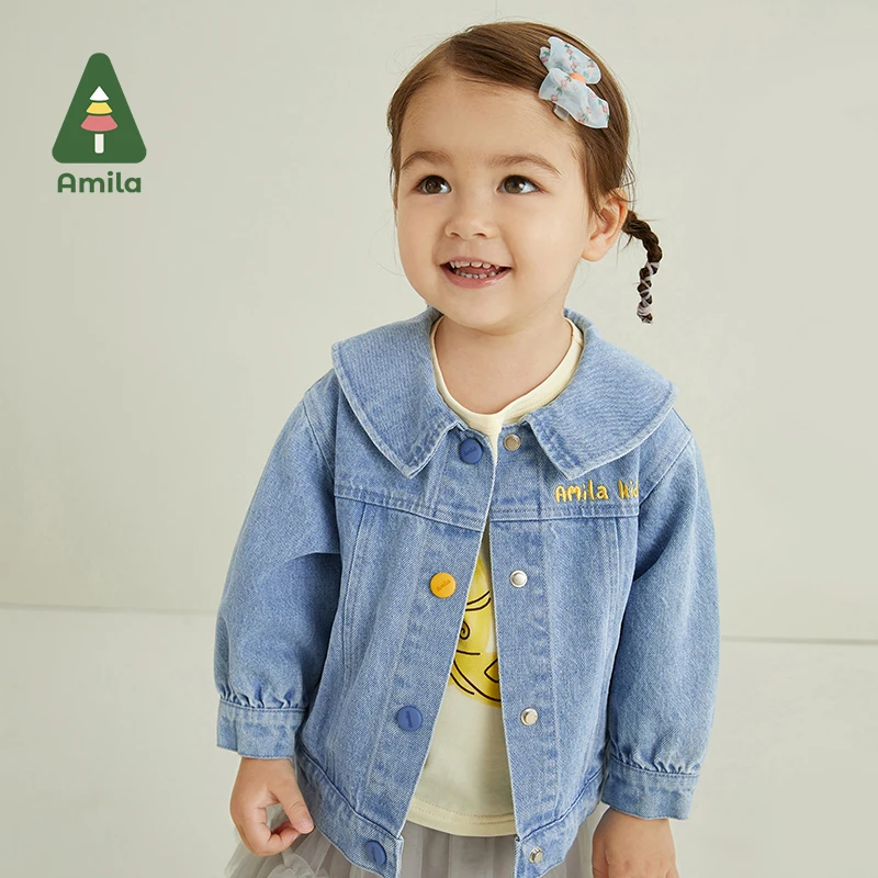 Amila Baby Girls Denim Jacket 2023 Spring New Cute Cartoon Doll Collar Coat All-match Casual Children Clothing 0-6 Years