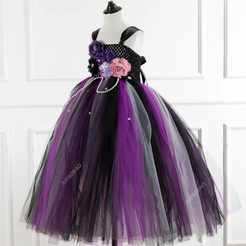 Girls Black Evil Halloween Cosplay Dresses Girls Witch Deluxe Black Glam Tutu Dresses Kids Ball Gown Children\'s Robe Clothing