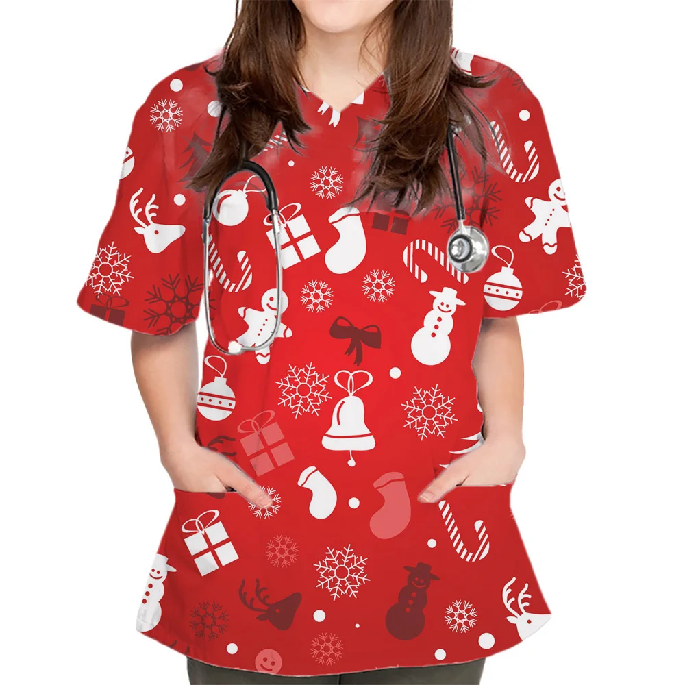 Uniforme clínico con estampado navideño para mujer, ropa de enfermera, cuello en V, manga corta, bolsillos, uniforme de enfermeras