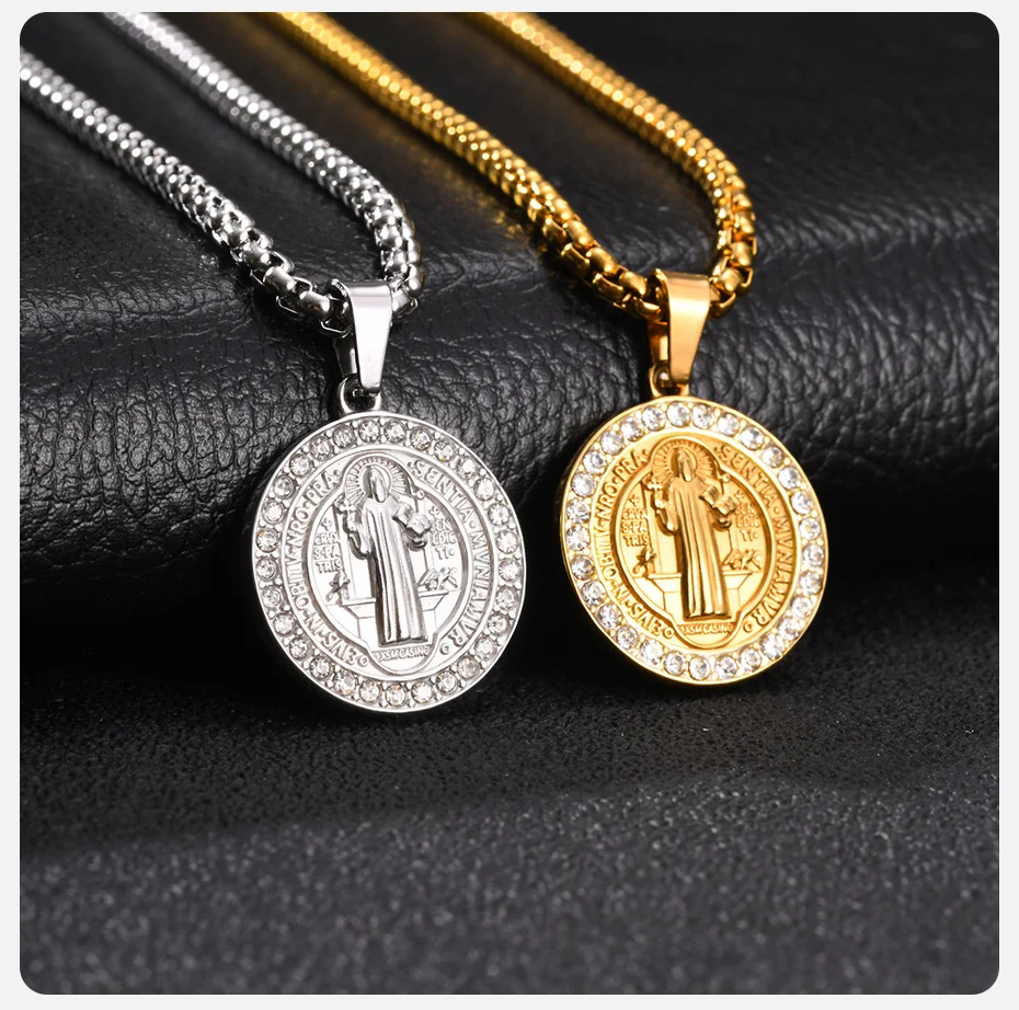 Vnox Herren-Halskette mit Heiliger-Benedikt-Medaille, Edelstahl mit Zirkon-Einlage, runder Anhänger mit Kastenkette, katholisches religiöses Amulett-Schmuckstück – Detail 6