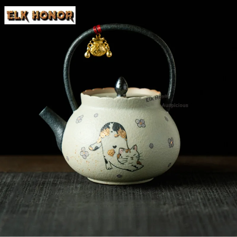 125ml Pure Hand-painted Lazy Cat Firestone Red Teapot Luxury Tea Infuser Pot Tea Making Kettle with Ball Hole for Tea Decoration