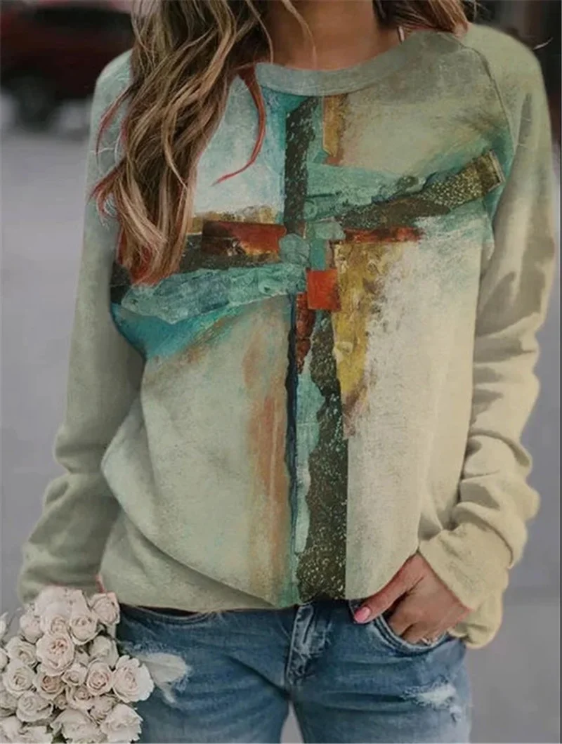 Tie-Dye Cross Printed Pullovers Women MultiColors Loose Plus Size Casual Commute Sweatshirts Spring O-Neck Long Sleeve Pullovers