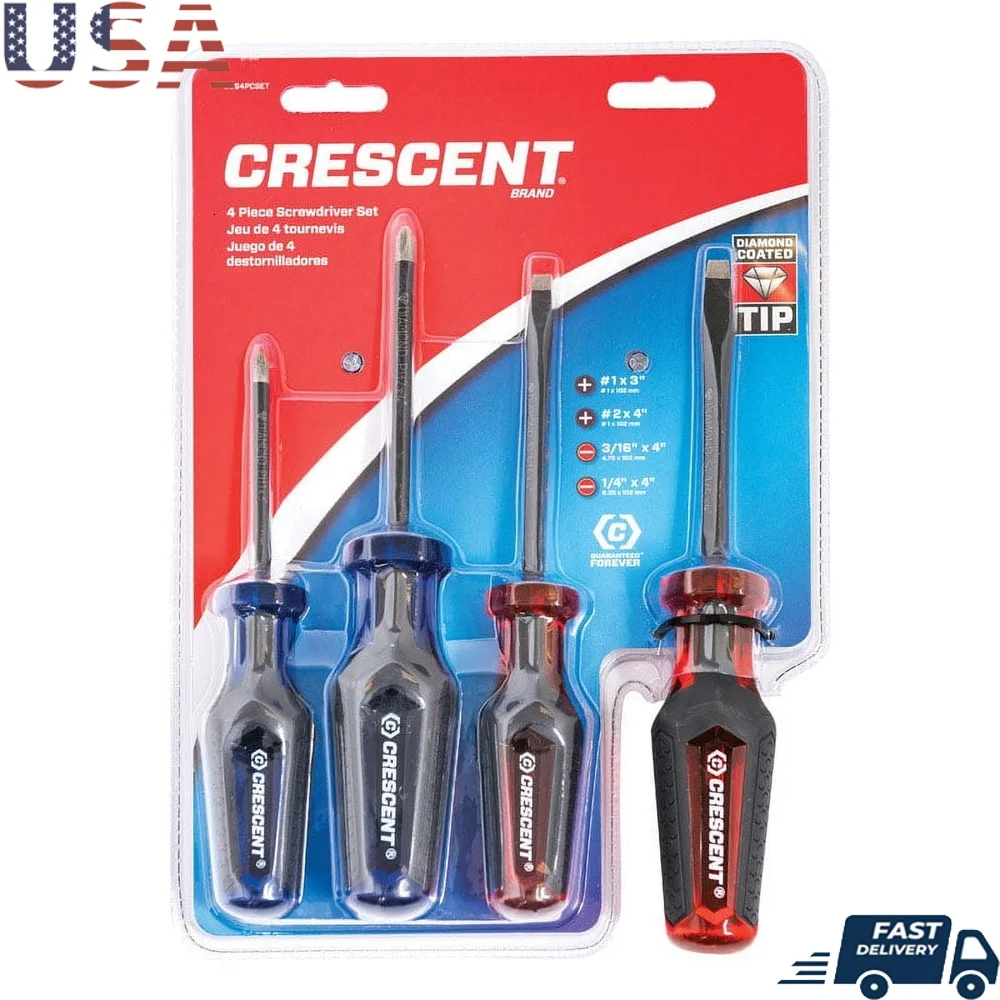 

4 Piece Screwdriver Set with Acetate Handle 360 Degree Rotation Assorted Lengths Slotted Phillips Tools DIY Projects