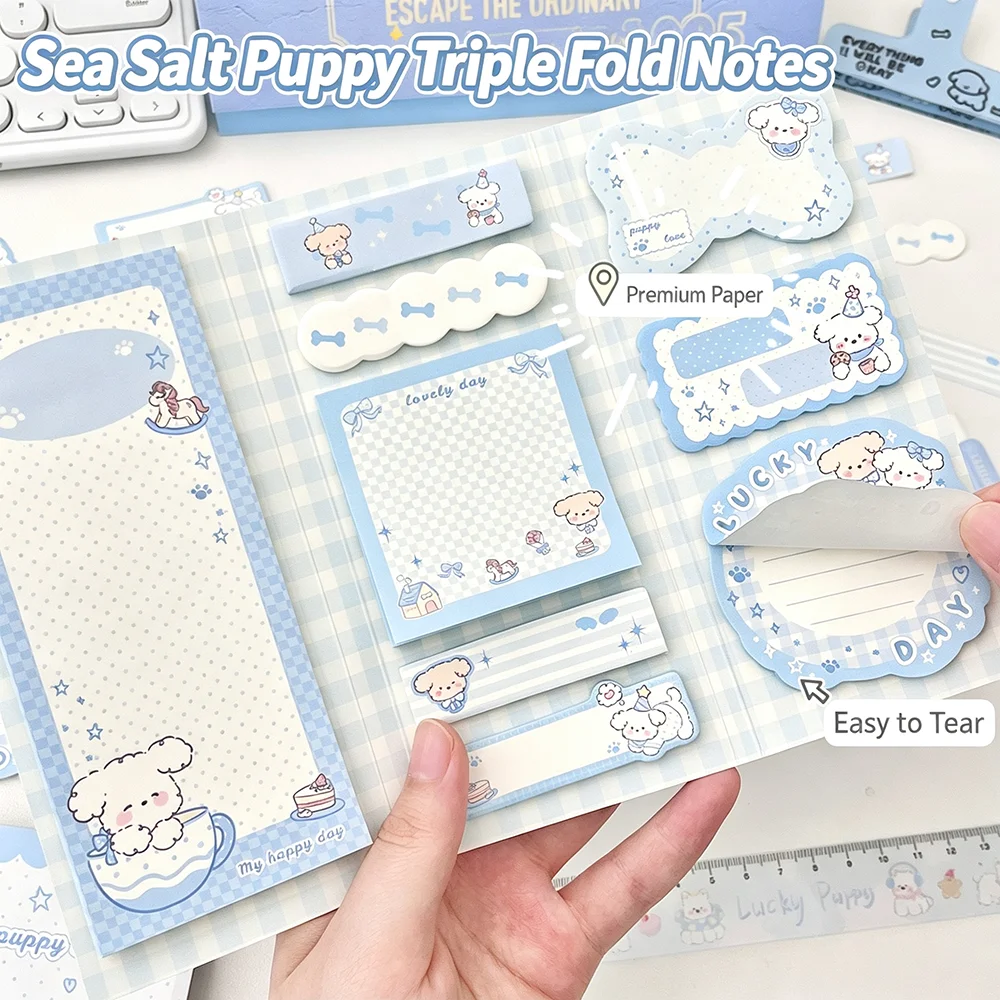 Dog Three Fold Memo Book Blue and White Cartoon Tearable Message Memo Paper Student Account Decoration Material Memo