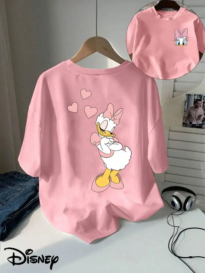 

Новая футболка с принтом Disney Daisy Duck, повседневный топ с короткими рукавами и круглым вырезом, женская свободная одежда большого размера, футболка унисекс для пар для девочек