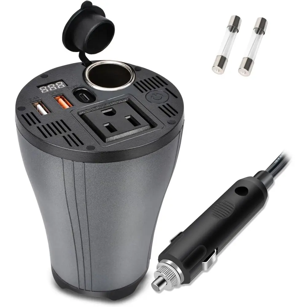 

150W Car Power Inverter, DC 14V/12V to AC 110V, Cup Holder Design with Type C LED Display, Dual USB Quick Charge 3.0, and AC Out