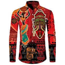 African Ethnic Pattern Hawaiian Shirts For Men Retro Drum 3D Printed Blouse Autumn Fashion Casual Loose Aloha Shirts Long Sleeve