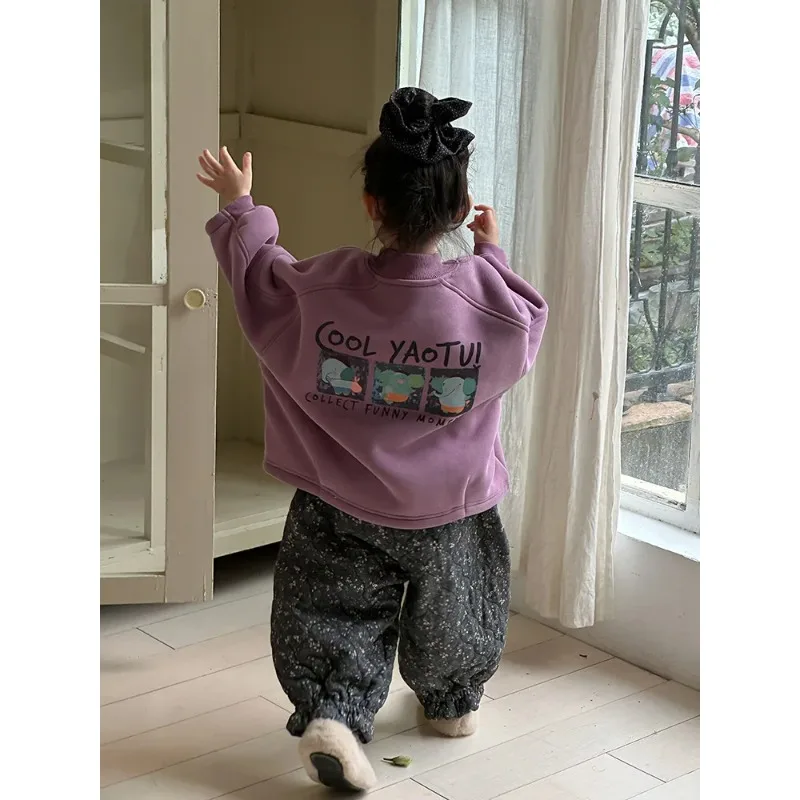 

2025 Winter New Children Half High Collar Fleece Sweatshirt Cartoon Print Boys Girls Plus Velvet Thick Pullover Kids Clothes