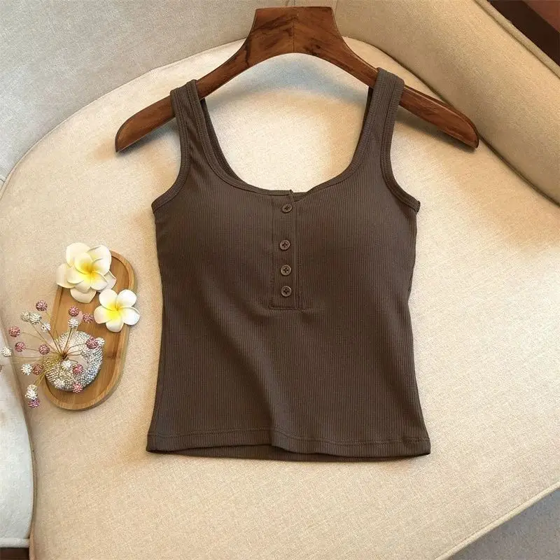 1-teiliges geripptes Henley-Tanktop für Damen, ärmelloses Camisole-Top mit quadratischem Ausschnitt und Knopfleiste vorne und integriertem BH – Detail 9