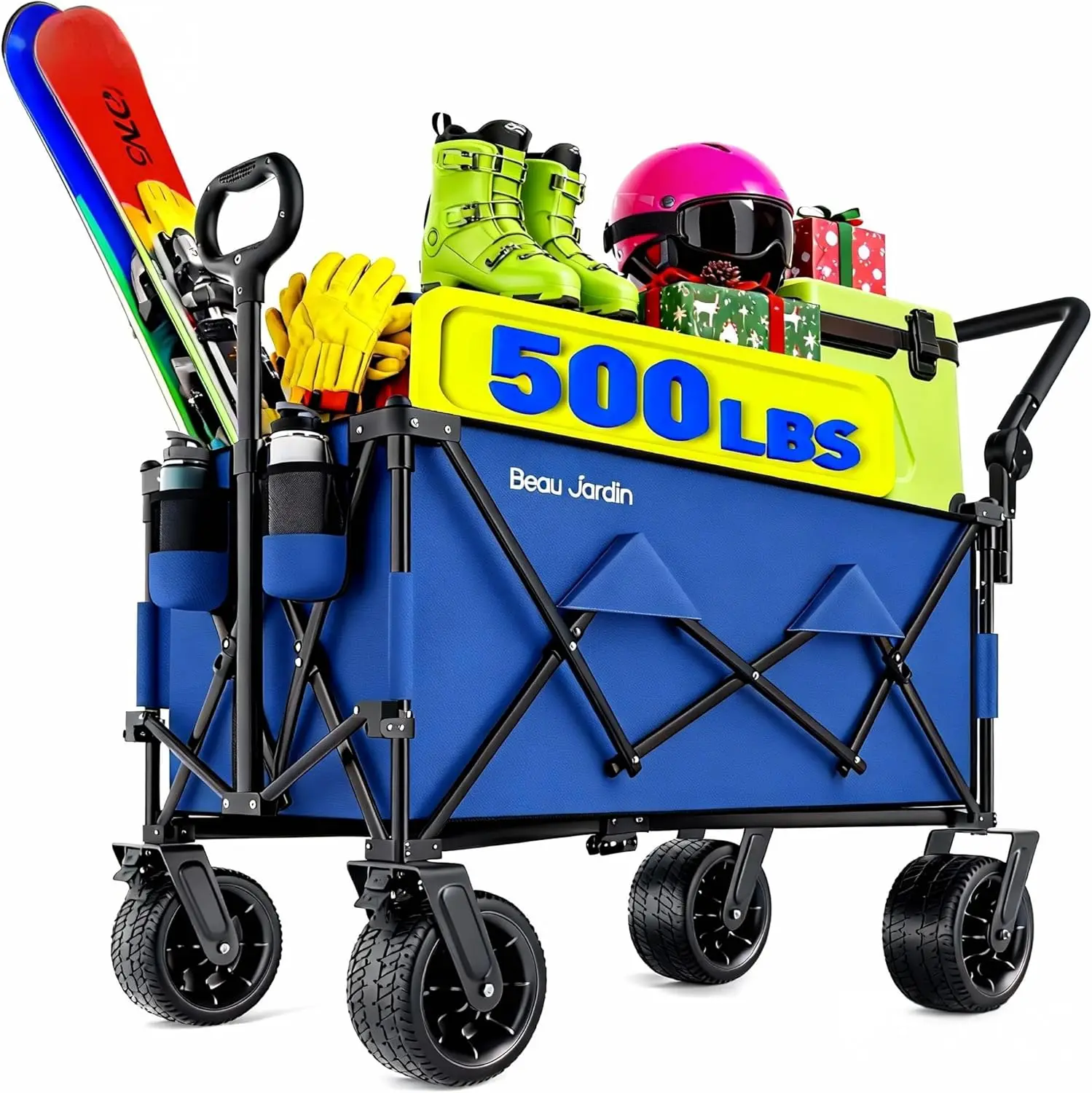 

Складной пляжный фургон Push & Pull с вездеходными колесами, вместимость 500 фунтов, складной для кемпинга и использования на открытом воздухе.