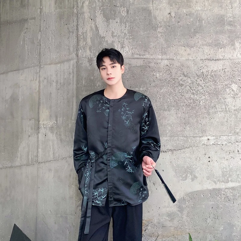 

Spring New Chinese Sle Silk Le Bamboo round Ne Tie Design Long Sve irt Youth ular Loose Fit All Seasons Mens irt