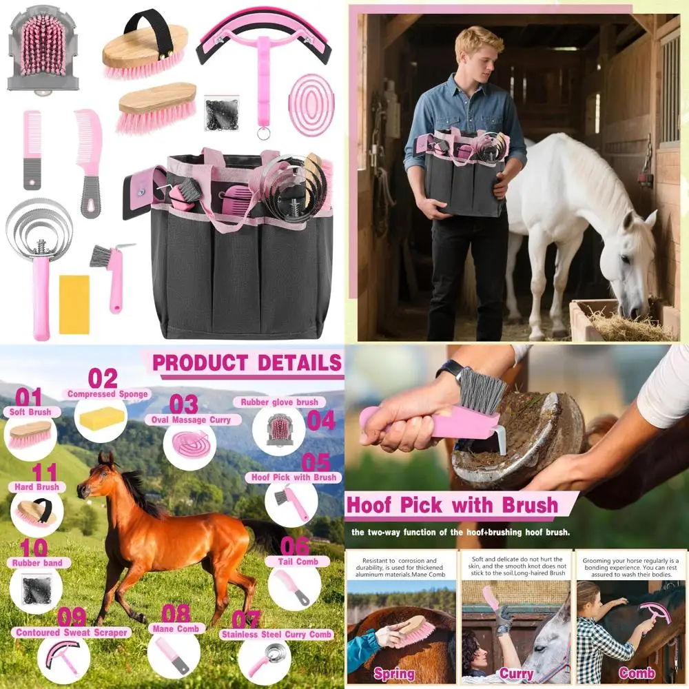 Kit de cuidado de caballos de 12 piezas con organizador, bolsa de mano, suministros para sala de tachuelas, juegos de cepillos para caballos, Kit de limpieza para el cuidado equino, Groo