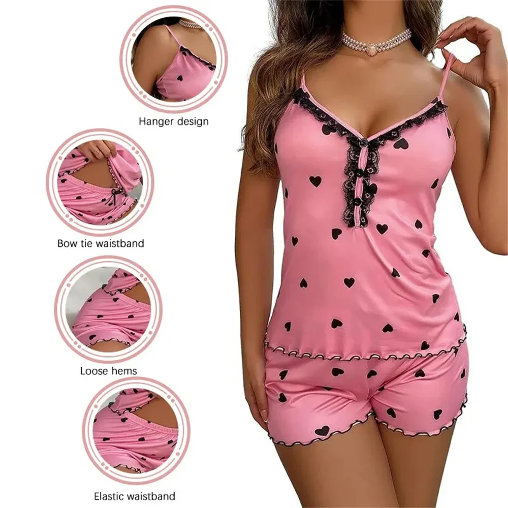 Pajama set Sexy Summer Two Pieces Women Pajamas Set Deep V-Neck Tops And Shorts Pajama Suit Ladies Sleeveless Nightwear