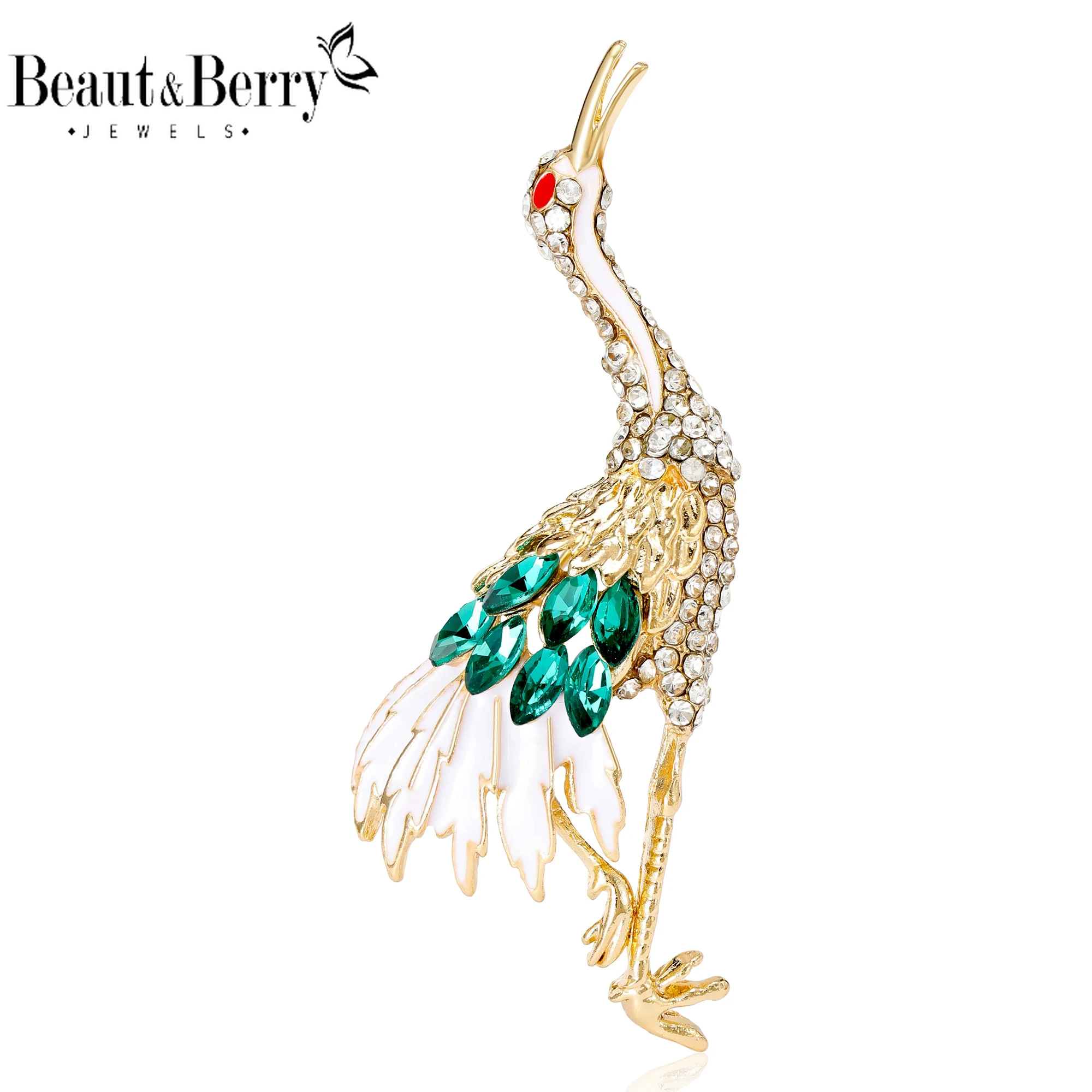 Beaut&Berry Luxury Rhinestone Crane Brooches for Women Birds Animal Pins Friends Party Gifts Banquet Jewellery Accessories