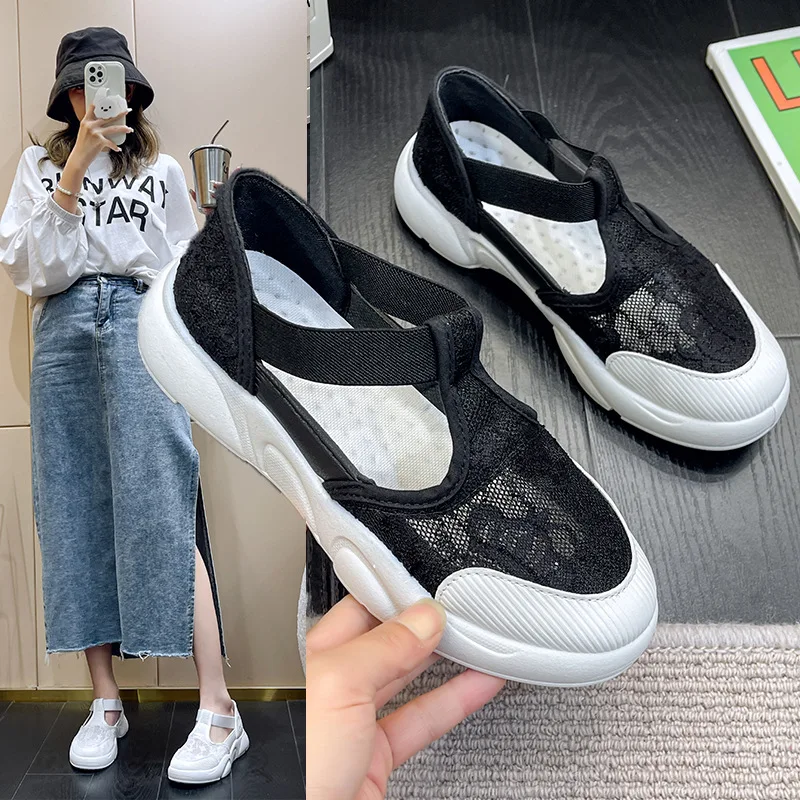 Women Casual Shoes Fashion Breathable Walking Mesh Flat Shoes Woman White Sneakers Women 2024 Female Summer Lace Hollow Sandals