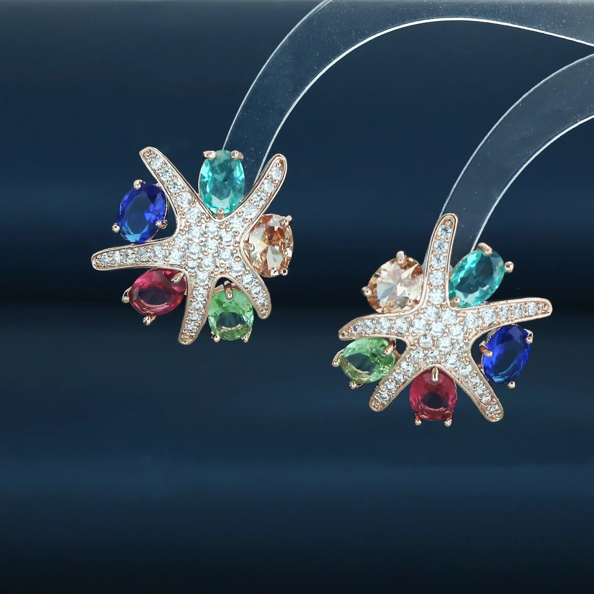 925 Silver Needle Luxury Starfish Rainbow Gemstone Stud Earrings, Elegant Bridal Wedding Jewelry Gift for Women