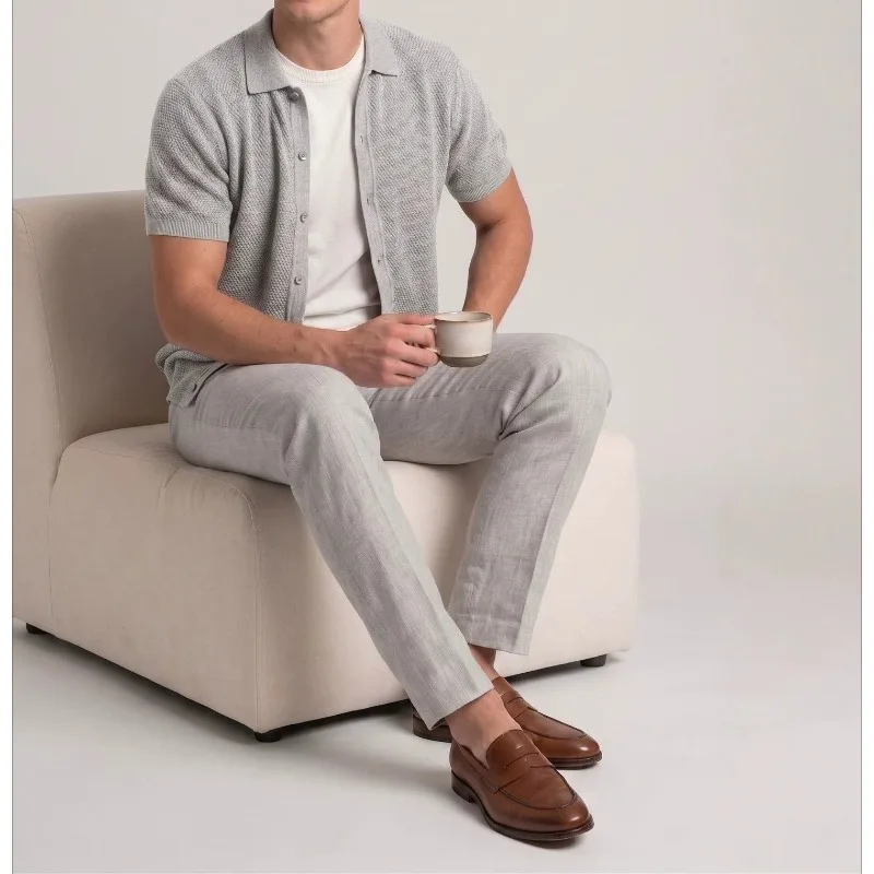 Men's Summer Casual Style Knitted Short-sleeved T-shirt Skin-friendly Breathable Cardigan Top Men's Knitted Short-sleeved — купить у AliExpress WW