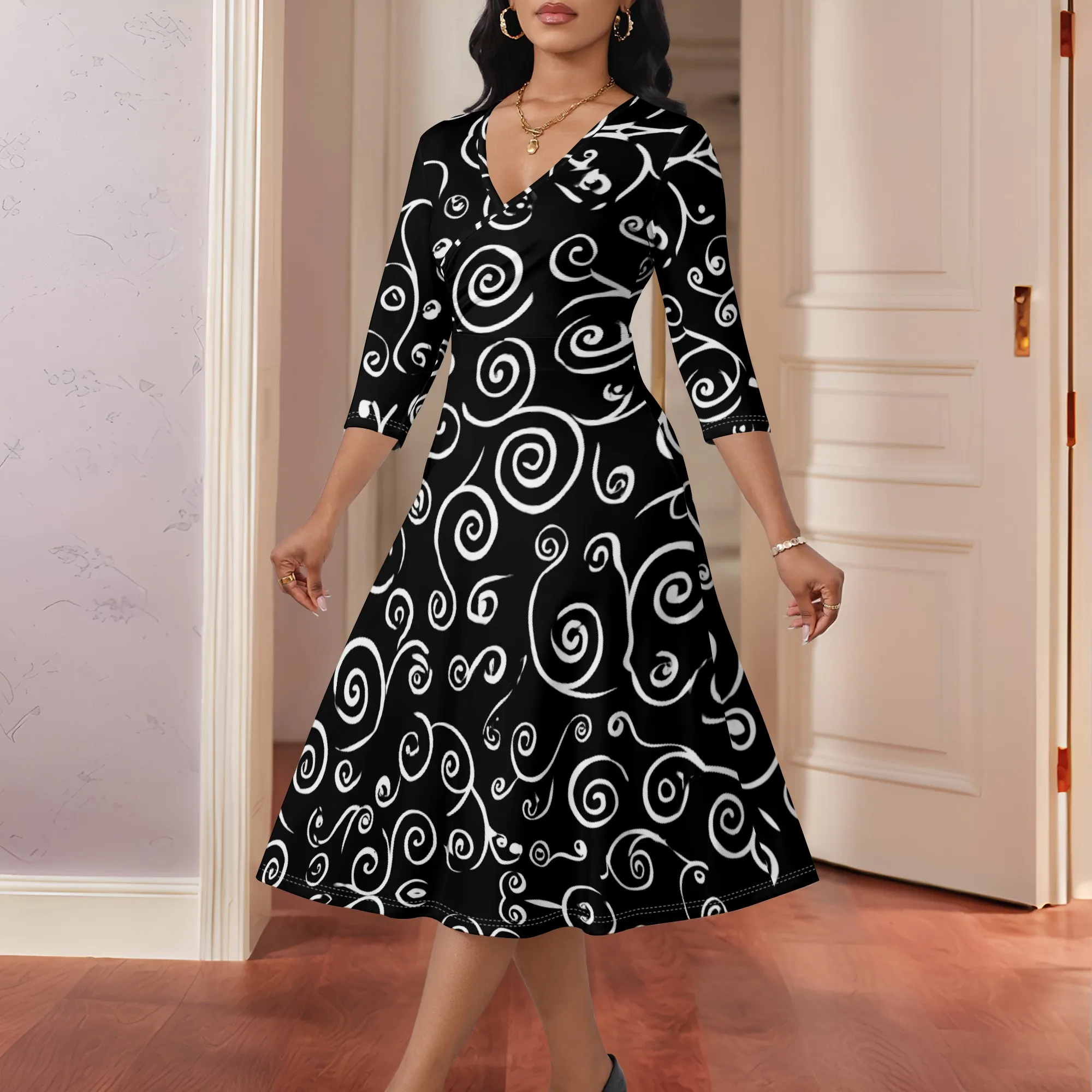 

Chic Black and White Swirl Print Midi Dress XS-3XL Perfect for Autumn Winter Parties, Night Outs, and Elegant Gatherings