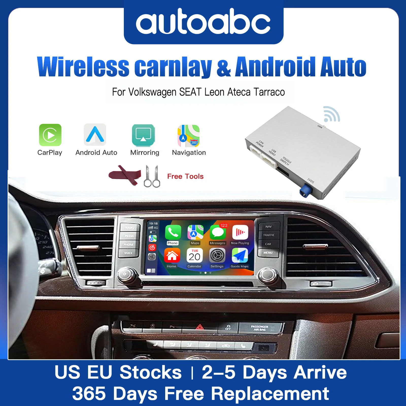 AUTOABC Wireless Carplay Android Auto For Volkswagen Golf7 SEAT Leon Ateca Teramont Tiguan with MIB1/MIB2 support AirPlay