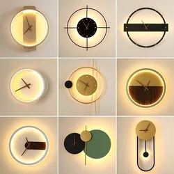 Lámparas de pared LED de estilo nórdico, candelabro de pared con diseño de reloj de arte silencioso, creativo, para pasillo, dormitorio, sala de estar, decoración de fondo