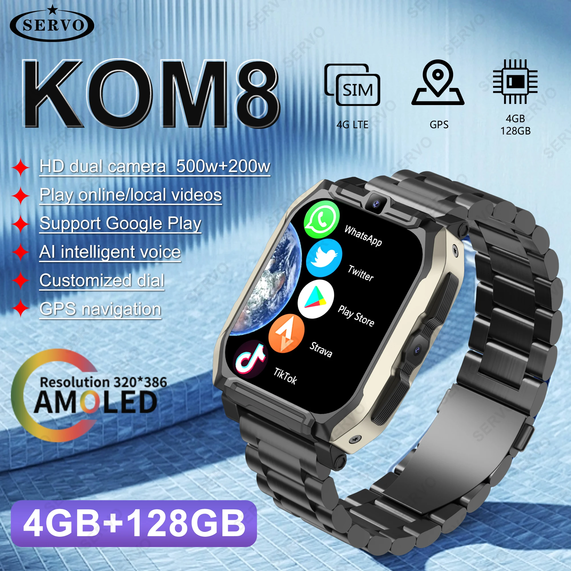 4G+128GB Smart Watch KOM8 SIM Card  Android HD Camera for Men Women Wifi GPS Google Play Store Call Music Face Recognition 2024