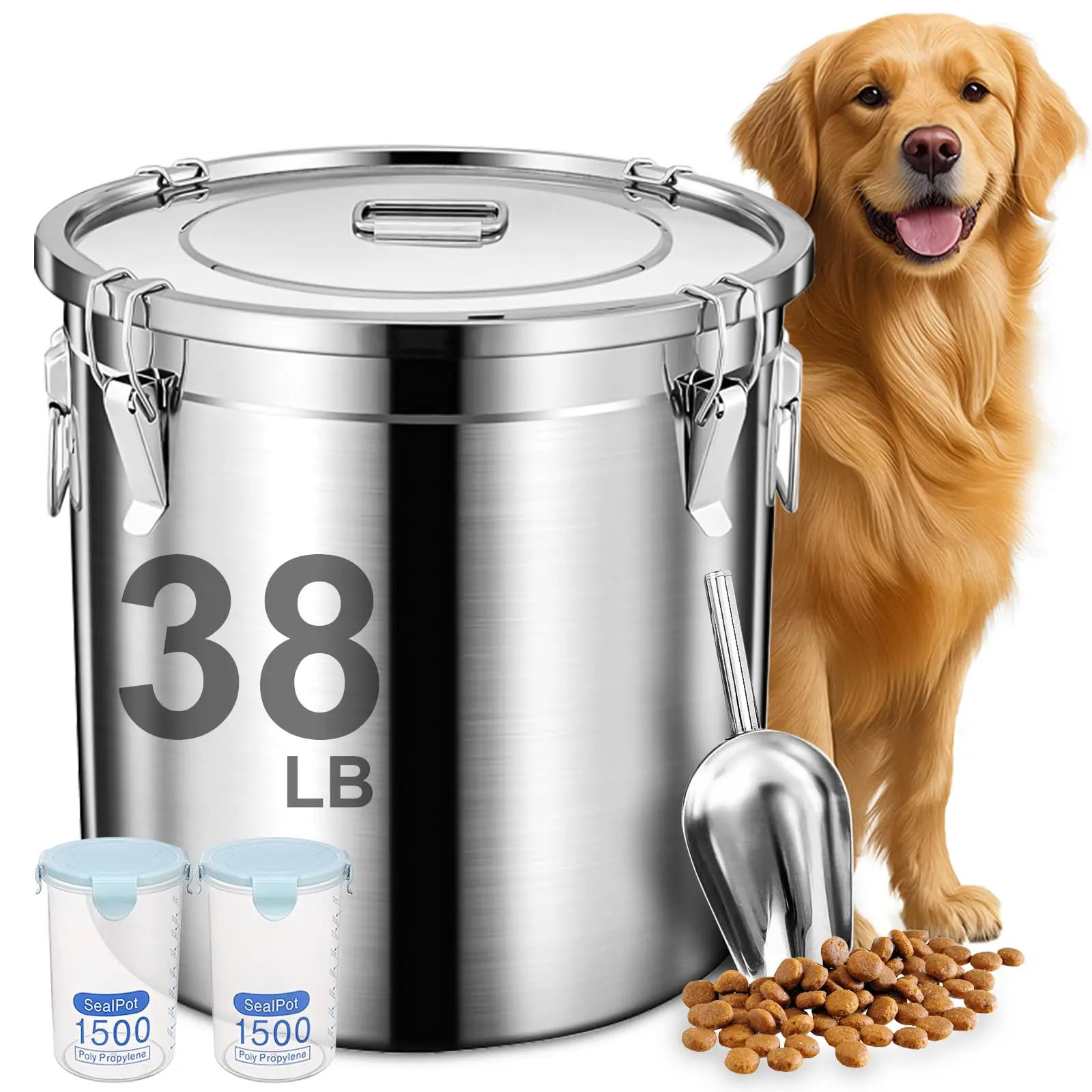

Large Stainless Steel Pet Food Storage Containers 38 lb / 17 kg to Keep Fresh With Scoop and 2 Small Containers