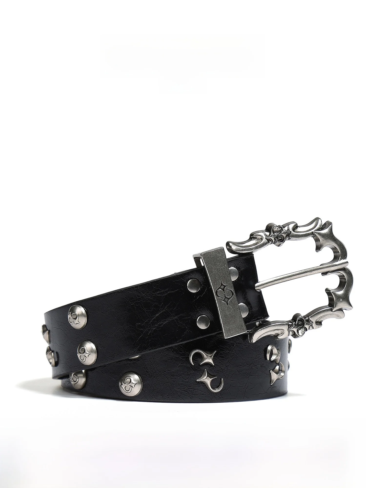 ブラックpuレザー-パンクスタイル-ハート型バックル-ウエストベルト-ユニセックス-クロススター-ヒップホップ-ラップスタイル-リベット装飾ベルト