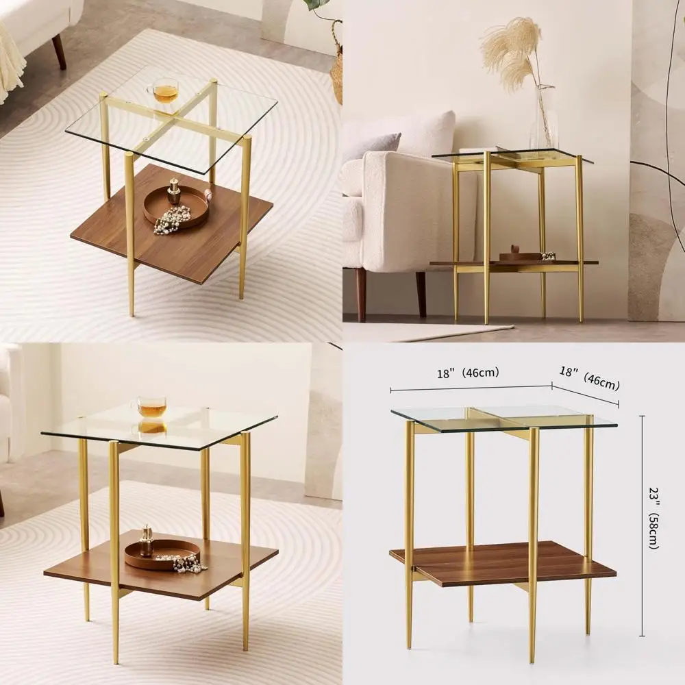 Mid-Century Modern 2-Tier Glass End Table with Walnut Shelf for Living Room