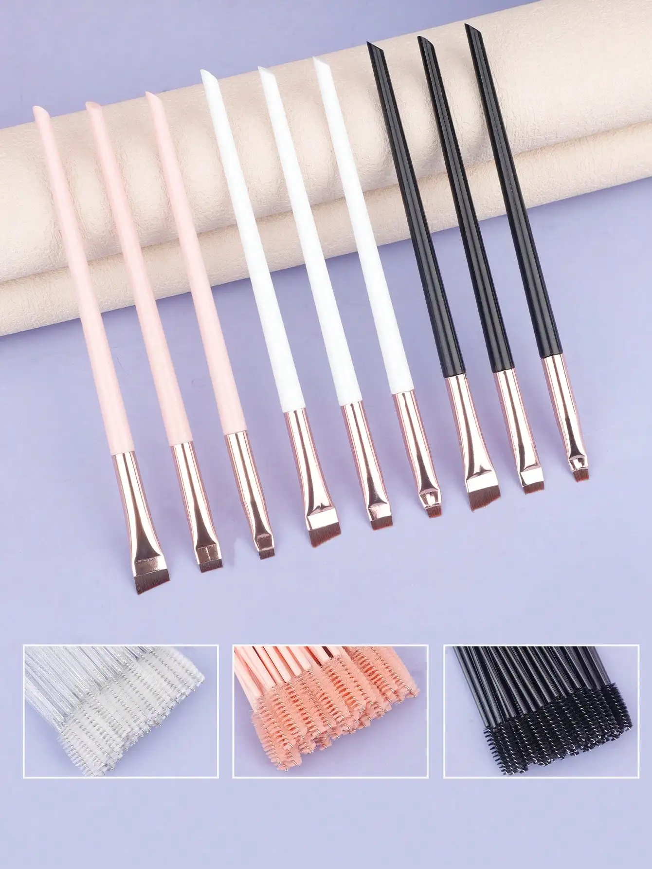 3 angled eyeliner brushes and eyebrow brushes, paired with 50 disposable mascara brushes and a double-ended eyelash curler