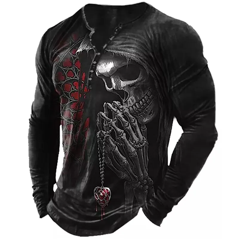 

Men's T-shirt, Retro Horror Skull T-shirt, Hip-Hop Rock Casual Clothing, Round-neck Long-sleeved T-shirt, Big T-shirt, Shirt