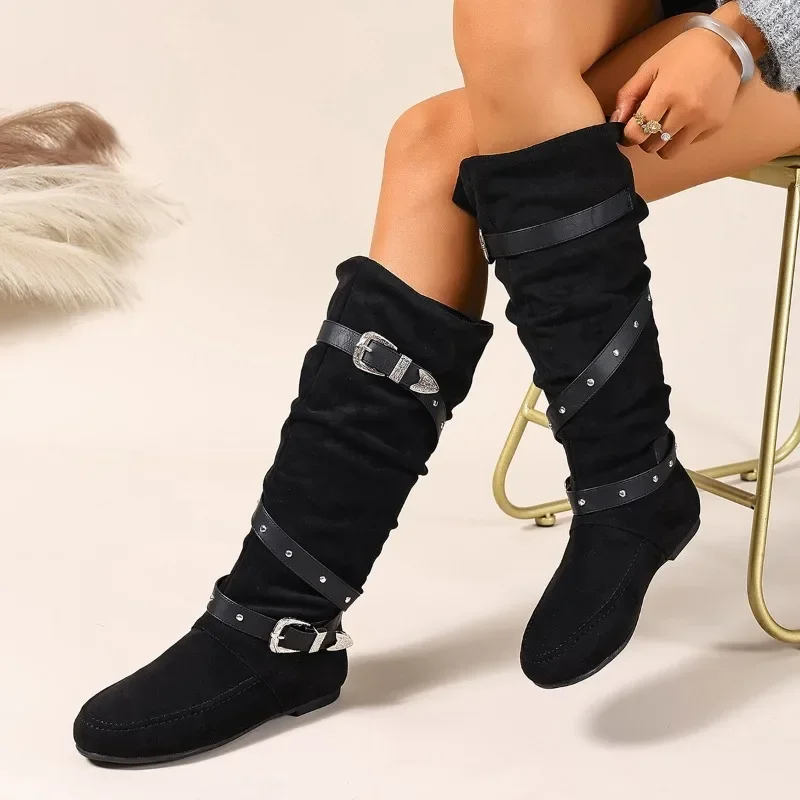 

hot selling Pleated Mid-tube Boots Fashion Round Toe Suede Studded Sleeve Soft Sole Anti-slip Wear-resistant Low Heel Shoes