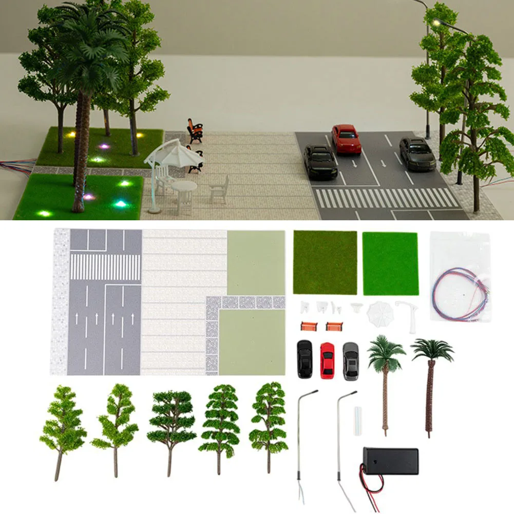 

1/64 Scale Diorama Car Parking Lot With Led Light Roadway Tree Display Model Scenery Model Of The City Road Scene 30cm X 19cm