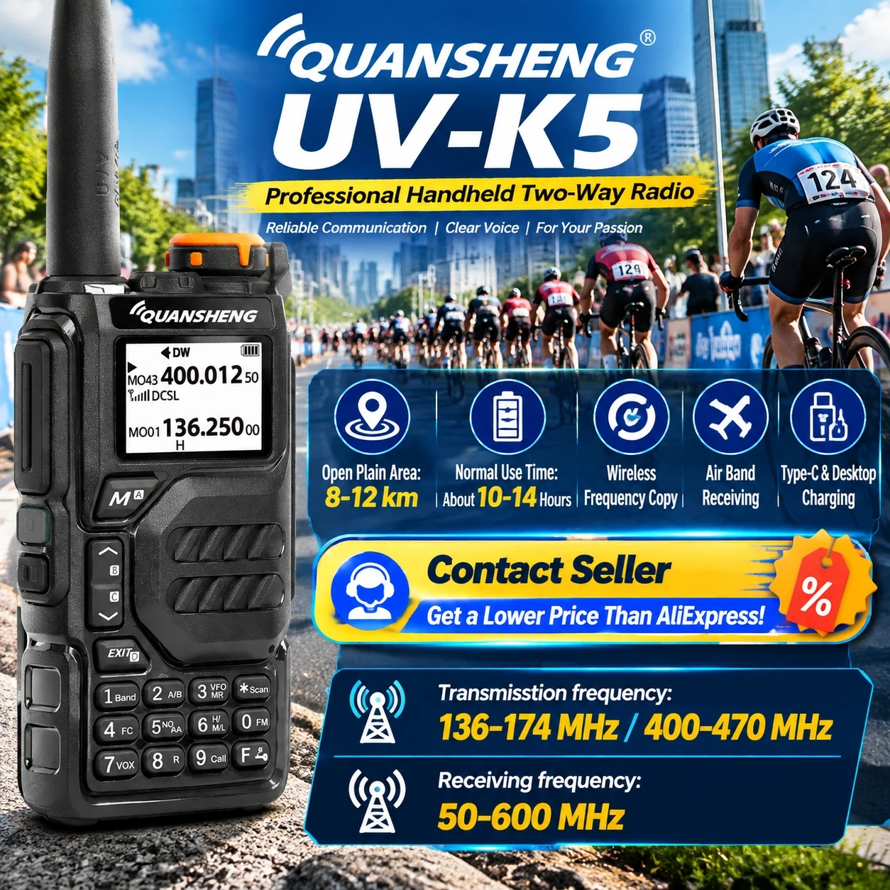 quansheng-uv-k5-v3-デュアルバンド対応トランシーバー、vhf-uhf両波帯、長距離通信、アマチュア無線機、fm受信機、屋外用通信機器。