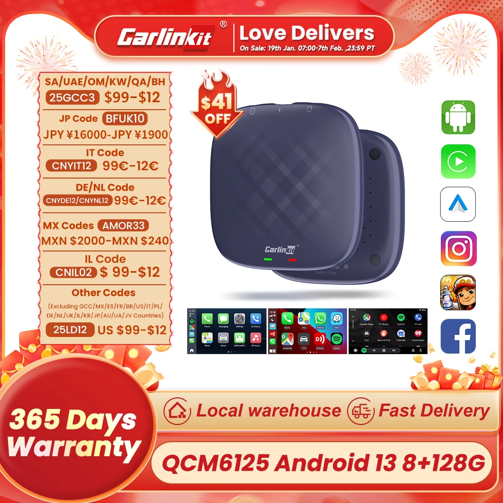 CarlinKit CarPlay Ai TV Box Android 13 QCM6125 Wireless CarPlay Android Auto 4G LTE Smart Car Play Streaming Box 8G 128G FOTA