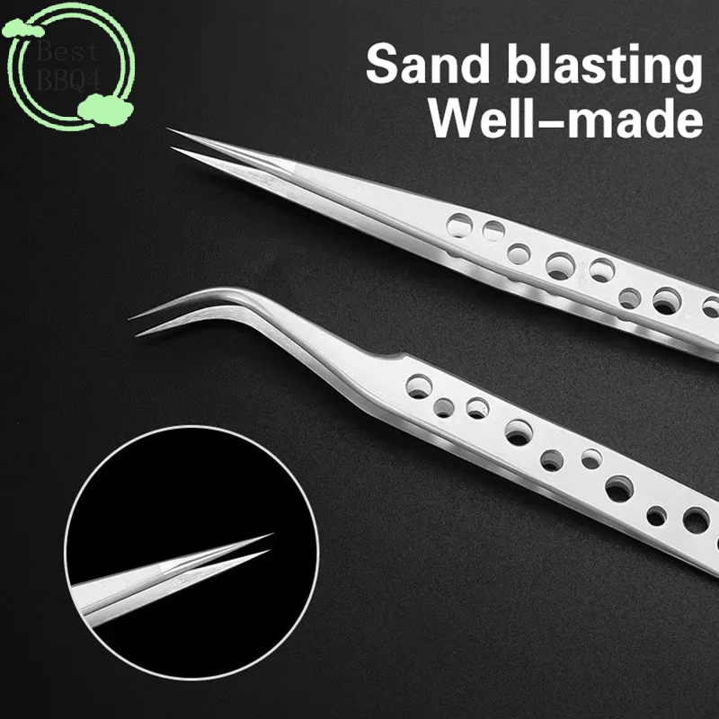  (BBQ4)2pc Industrial Tweezer Electronic Anti-static Curved Straight Tip Precision Stainless DIY Hand Tool Forcep Phone Repair