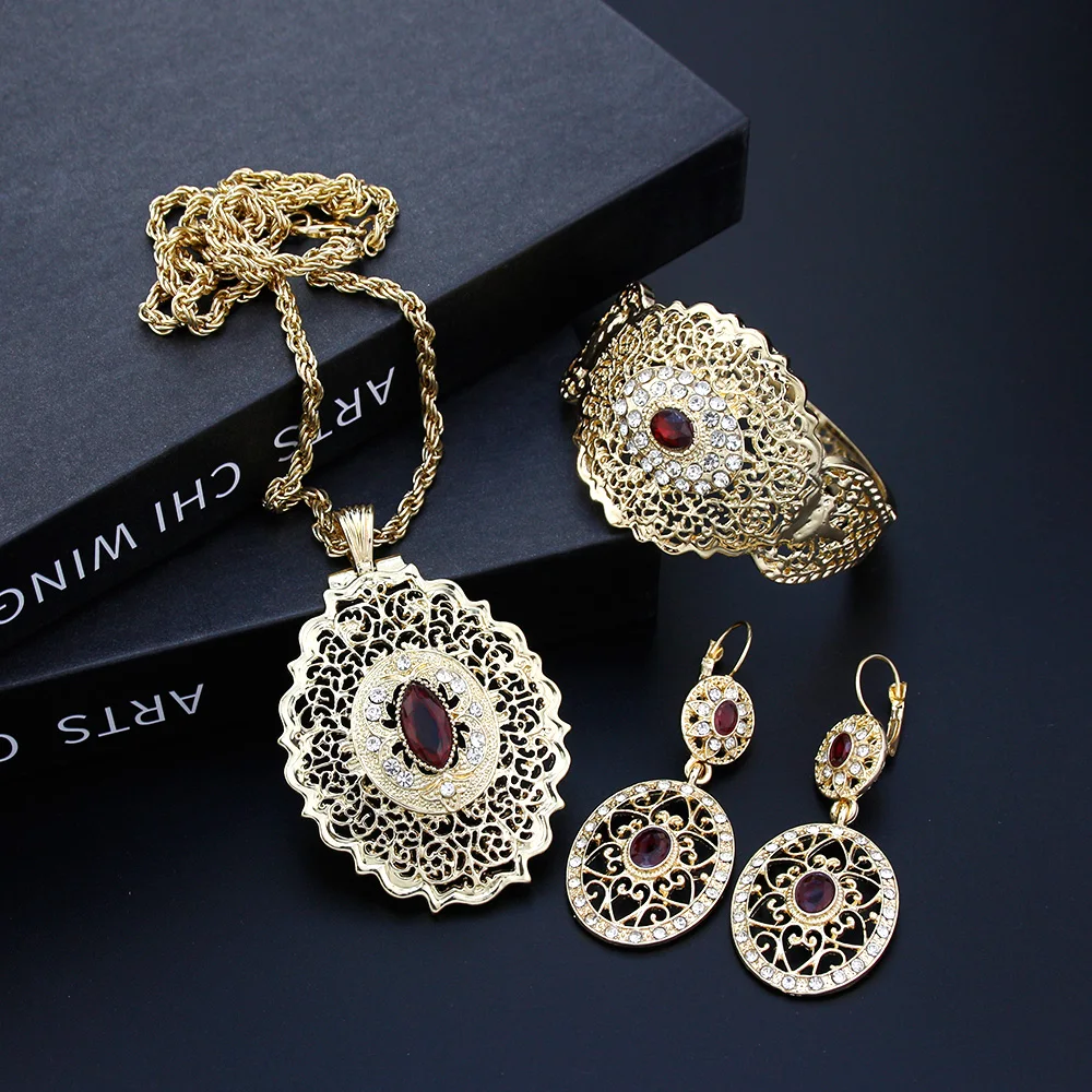 Sunspicems Gold Color Morocco Women Jewelry Sets Drop Earring Necklace Bracelet Arab Bride Wedding Jewel Hollow Arabesque Bijoux