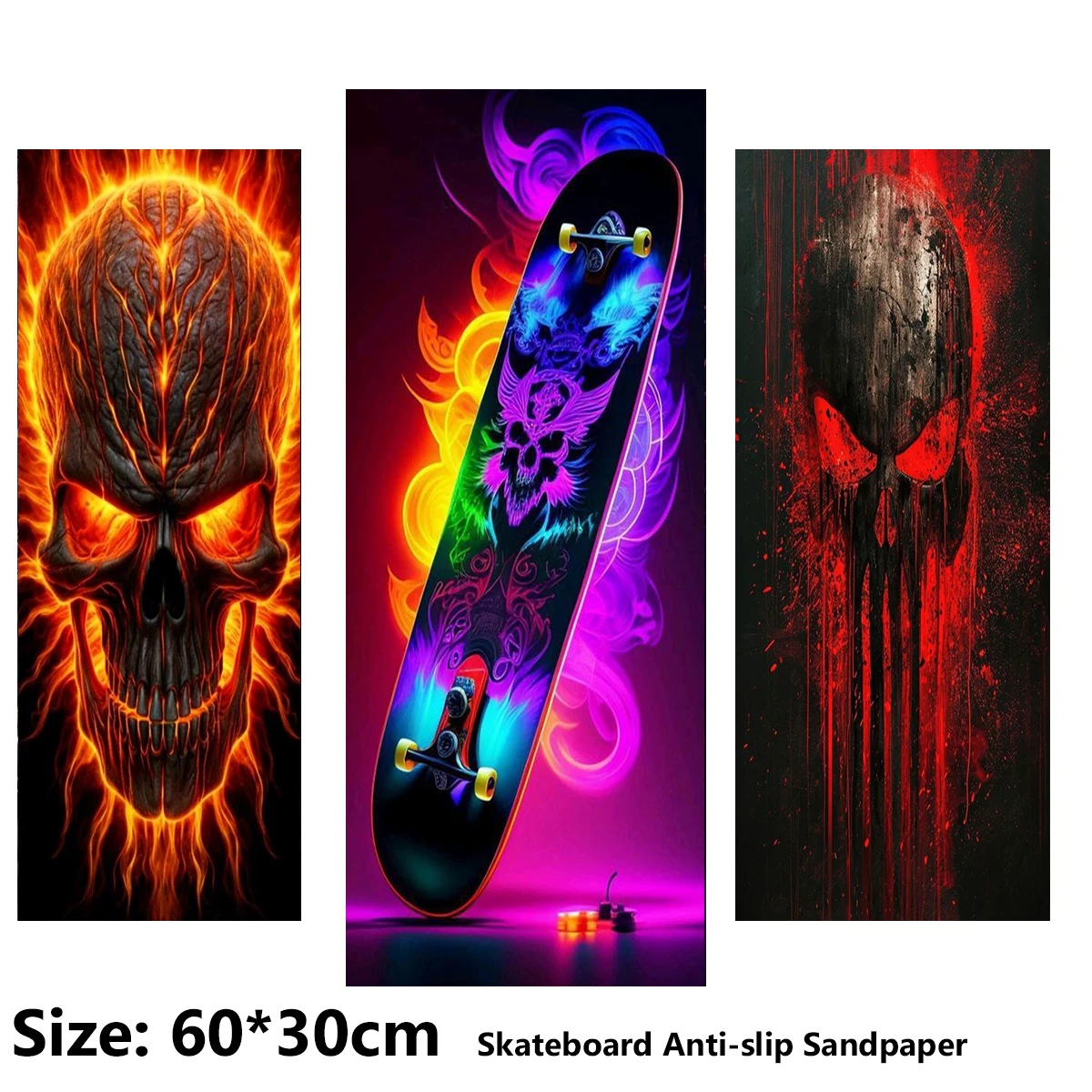 

Flame Cool Skateboard Skull Pattern Electric Scooter Anti-slip Sticker Sandpaper Skateboard Grip Tape Sheet 60*30cm