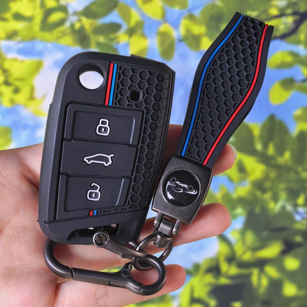 Silicone Key Cover With Keychain for VW Golf7 MK7 Tiguan MK2 T‑roc T‑cross Skoda Octavia Kodiaq Karoq Seat Ateca Leon Fob Shell