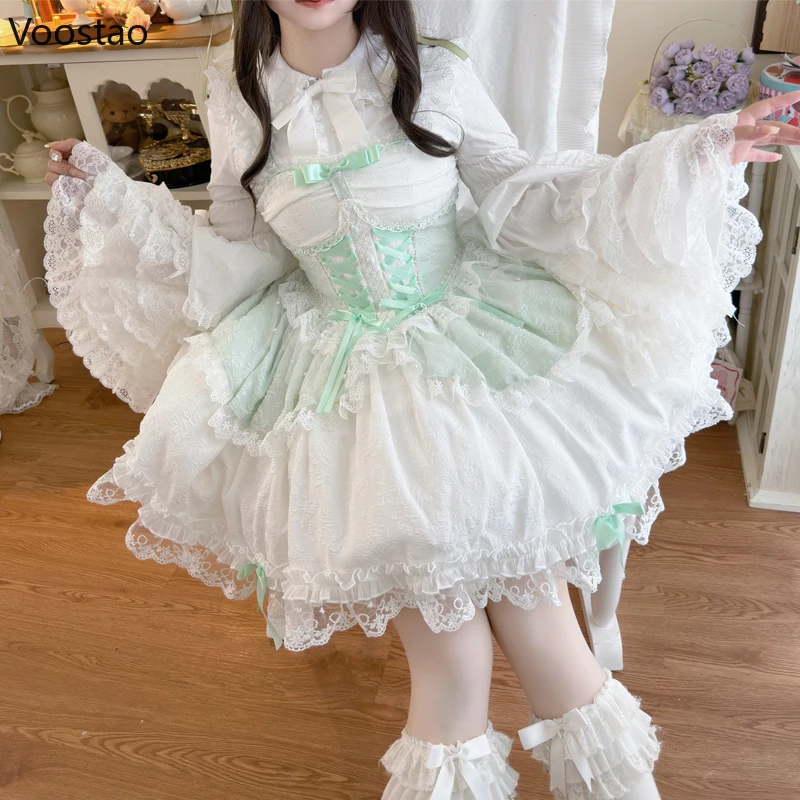 Robe japonaise Sweet Lolita Jsk pour femmes, volants élégants, robes de princesse bandage en dentelle, mini robe de soirée thé pour filles, Y2k Kawaii