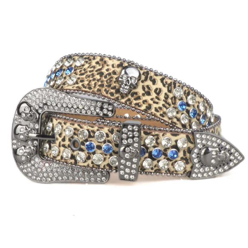 

Western Leopard Print Skull Rhinestone PU Leather Plus Size Women Belt Punk Hiphop Jeans Causal Pants Belt for Ladies