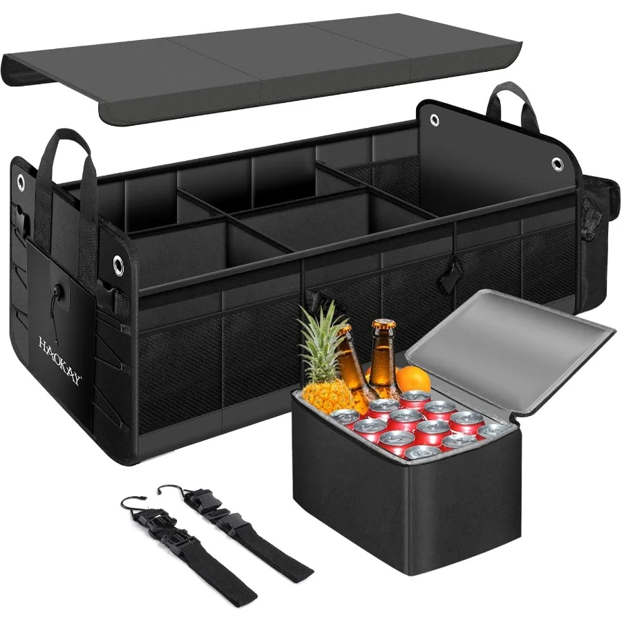 

Collapsible Trunk Organizer with Insulated Leakproof Cooler BagRemovable Lid Adjustable Securing Straps 3 Compartments 5 in 1 T