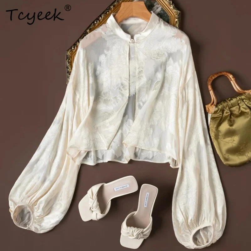 

Tcyeek 100% Real Mulberry Silk Woman Tops 2026 Summer Chinese-style Elegant Simple Lantern-sleeved Tops Woman Clothes Ropa Mujer