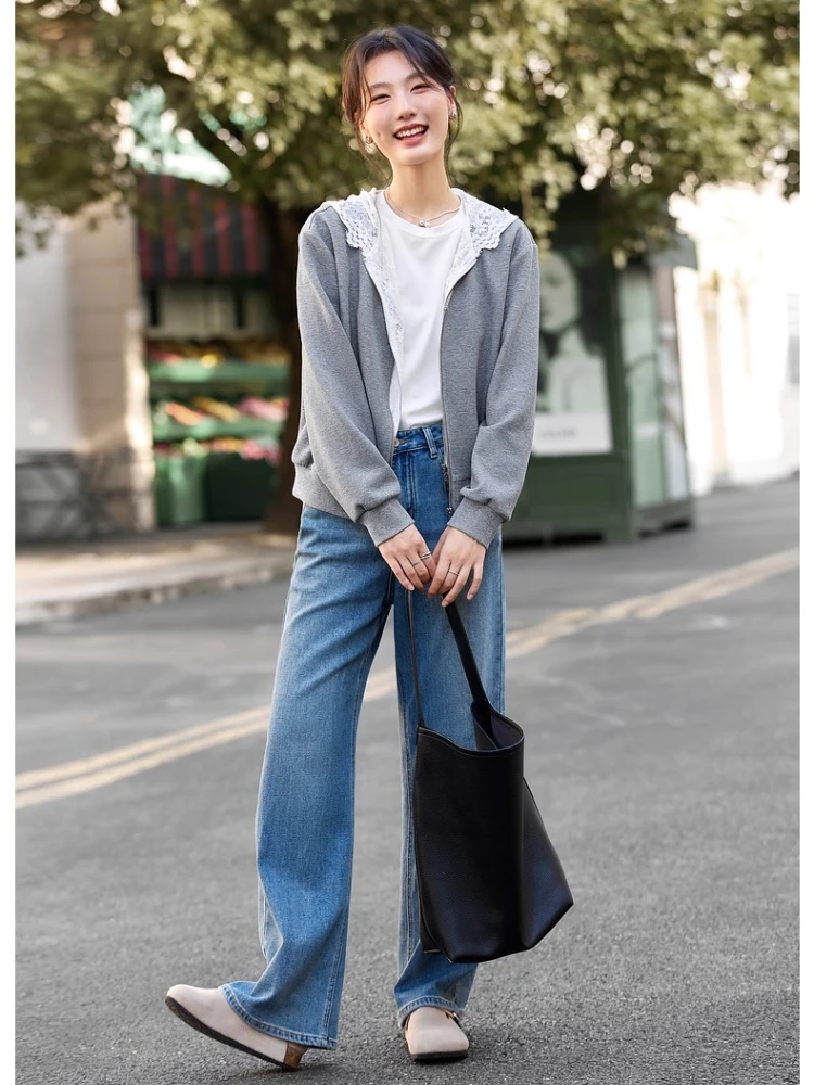 VIMLY Grigio Pizzo Con Cappuccio Patchwork 2 in 1 Giubbotti Sportivo Donna Autunno 2025 Elegante Manica Lunga Cerniera Lavorato A Maglia Cappotti da Donna A2178