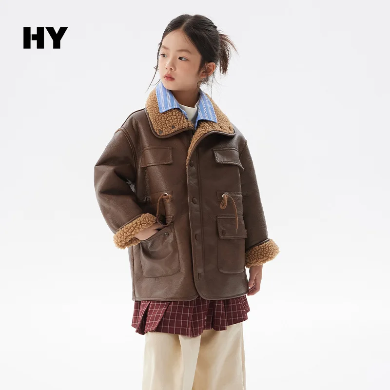 Girls Khaki Lamb Wool Coat 2024 Autumn and Winter New Korean Version Girls Fur One Coat Winter Leather European Fashion Style