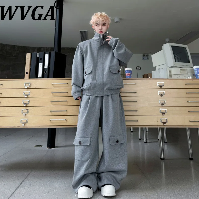WVGA 2026 Spring New Men Tide Solid Color PU Leather Cardigan Sweatshirt Niche Chic Casual Wide-Leg Pants Two Pieces Sets W18869