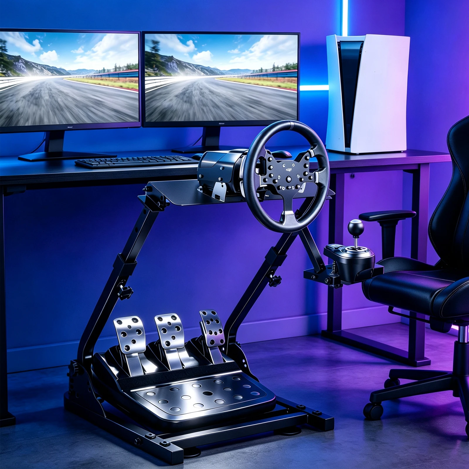Supporto universale per volante da corsa, pieghevole e regolabile, compatibile con i volanti G25, G27, G29, G920, T300, T500RS, ideale per simulazioni di guida, con staffa per leva del cambio