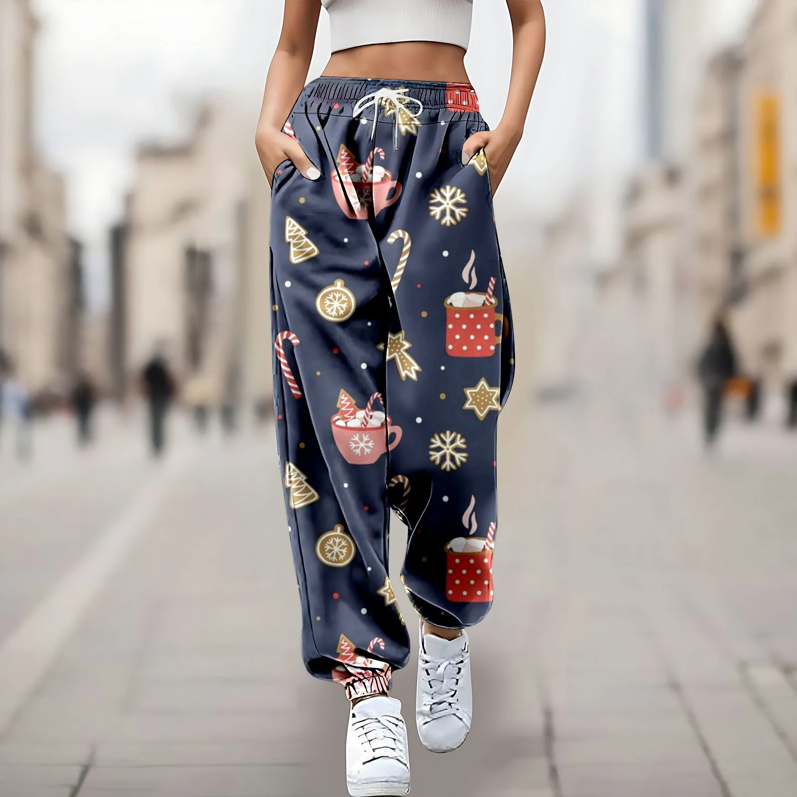 Crutch Print Christmas Fashion Drawstring Jogging Pants Women Comfortable Loose Fit High Waisted Trousers Business Casual Pants